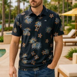 Travis Mathew Shirt Mens Large Black Floral Bird Of Paradise Polo Golf Resort